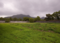 Grassy inner yard of Côn Đảo Prison on Côn Sơn Island, Vietnam, bordered by a stone wall with a lone guard tower and forested mountains under a cloudy sky