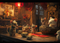 Group of cute, dressed mice feasting and acting like a royal court inside a warm, lantern-lit Asian wooden house, with one mouse wearing a tiny crown and another one sitting like a ruler.