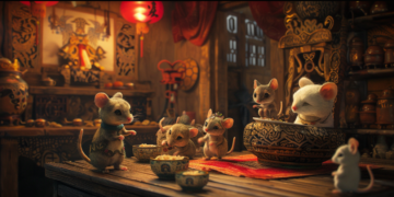 Group of cute, dressed mice feasting and acting like a royal court inside a warm, lantern-lit Asian wooden house, with one mouse wearing a tiny crown and another one sitting like a ruler.