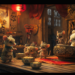 Group of cute, dressed mice feasting and acting like a royal court inside a warm, lantern-lit Asian wooden house, with one mouse wearing a tiny crown and another one sitting like a ruler.