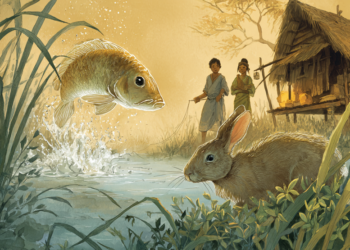 Illustration of a Cambodian folk scene at a riverside: a large fish leaps dramatically out of the water in the foreground while a rabbit watches from the grassy bank, and in the background a couple in traditional clothing stands near a stilted thatched house, suggesting a moment from a village proverb.
