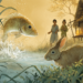 Illustration of a Cambodian folk scene at a riverside: a large fish leaps dramatically out of the water in the foreground while a rabbit watches from the grassy bank, and in the background a couple in traditional clothing stands near a stilted thatched house, suggesting a moment from a village proverb.