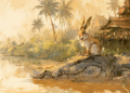 Illustrated scene of a hare calmly sitting on the head of a large crocodile as it floats along a brown river, with traditional stilt houses and palm trees in rural Cambodia in the background