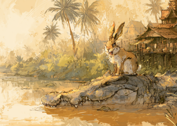 Illustrated scene of a hare calmly sitting on the head of a large crocodile as it floats along a brown river, with traditional stilt houses and palm trees in rural Cambodia in the background