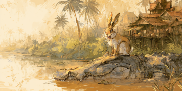 Illustrated scene of a hare calmly sitting on the head of a large crocodile as it floats along a brown river, with traditional stilt houses and palm trees in rural Cambodia in the background