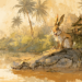Illustrated scene of a hare calmly sitting on the head of a large crocodile as it floats along a brown river, with traditional stilt houses and palm trees in rural Cambodia in the background