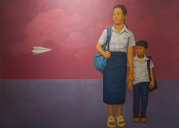 Oil painting “The Dreamers” by Cambodian artist Chov Theanly, showing two schoolchildren in uniform watching a white paper plane against a pink and purple sky at The Gallerist Phnom Penh.