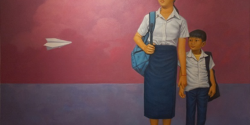 Oil painting “The Dreamers” by Cambodian artist Chov Theanly, showing two schoolchildren in uniform watching a white paper plane against a pink and purple sky at The Gallerist Phnom Penh.