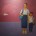 Oil painting “The Dreamers” by Cambodian artist Chov Theanly, showing two schoolchildren in uniform watching a white paper plane against a pink and purple sky at The Gallerist Phnom Penh.