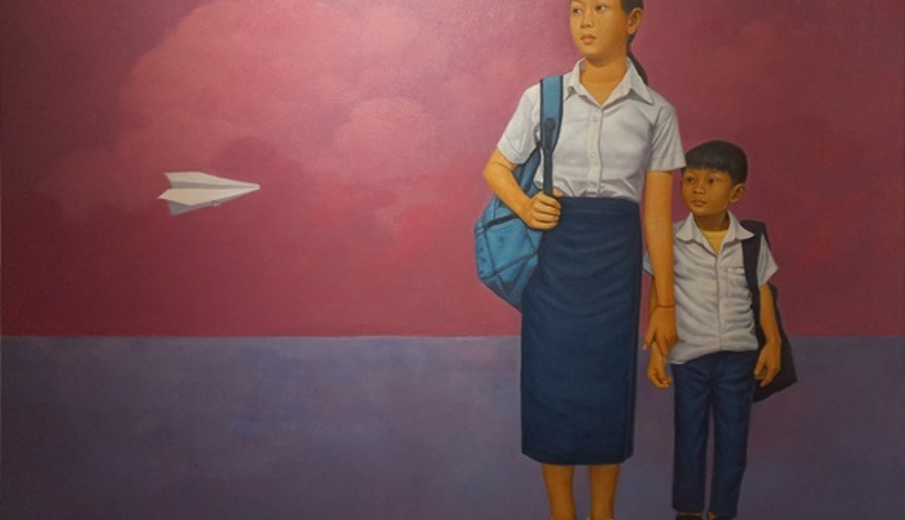 Oil painting “The Dreamers” by Cambodian artist Chov Theanly, showing two schoolchildren in uniform watching a white paper plane against a pink and purple sky at The Gallerist Phnom Penh.