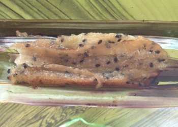Close-up of Cambodian Nom Sleuk Chak from Kampot, a sticky rice flour cake with coconut, palm sugar, and black sesame seeds, unwrapped from nypa palm leaves on a green table.