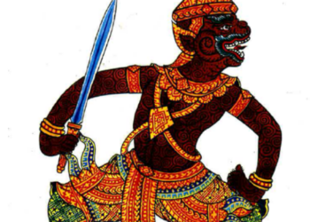 Illustration of Sugrib, the Khmer monkey king, shown in dynamic profile with dark red skin, ornate gold and green costume, pointed crown and a raised sword against a white background