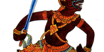 Illustration of Sugrib, the Khmer monkey king, shown in dynamic profile with dark red skin, ornate gold and green costume, pointed crown and a raised sword against a white background
