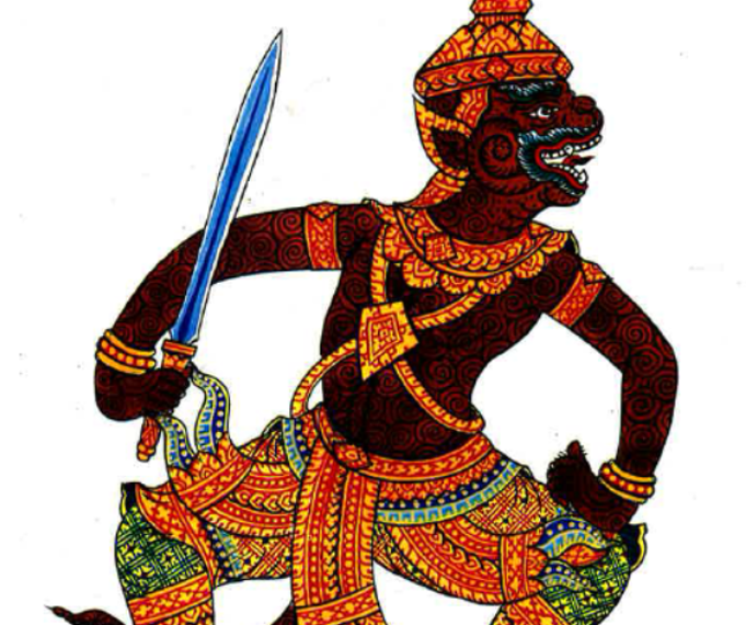 Illustration of Sugrib, the Khmer monkey king, shown in dynamic profile with dark red skin, ornate gold and green costume, pointed crown and a raised sword against a white background