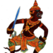 Illustration of Sugrib, the Khmer monkey king, shown in dynamic profile with dark red skin, ornate gold and green costume, pointed crown and a raised sword against a white background