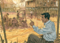 Cambodian village illustration showing a seated man giving directions as workers labor in rice fields and on stilt houses at sunset