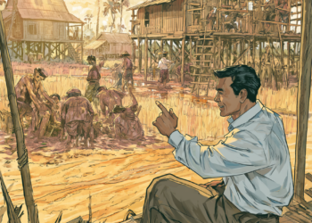 Cambodian village illustration showing a seated man giving directions as workers labor in rice fields and on stilt houses at sunset
