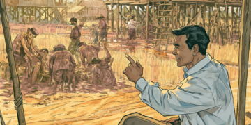 Cambodian village illustration showing a seated man giving directions as workers labor in rice fields and on stilt houses at sunset