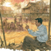 Cambodian village illustration showing a seated man giving directions as workers labor in rice fields and on stilt houses at sunset