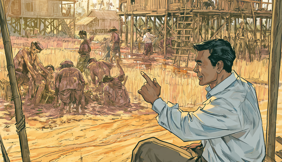 Cambodian village illustration showing a seated man giving directions as workers labor in rice fields and on stilt houses at sunset