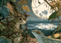 Illustration of a rabbit caught in a simple vine trap in a Cambodian cucumber garden at night, speaking to a gecko beside a reflective pond under a bright full moon