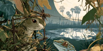 Illustration of a rabbit caught in a simple vine trap in a Cambodian cucumber garden at night, speaking to a gecko beside a reflective pond under a bright full moon