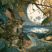 Illustration of a rabbit caught in a simple vine trap in a Cambodian cucumber garden at night, speaking to a gecko beside a reflective pond under a bright full moon
