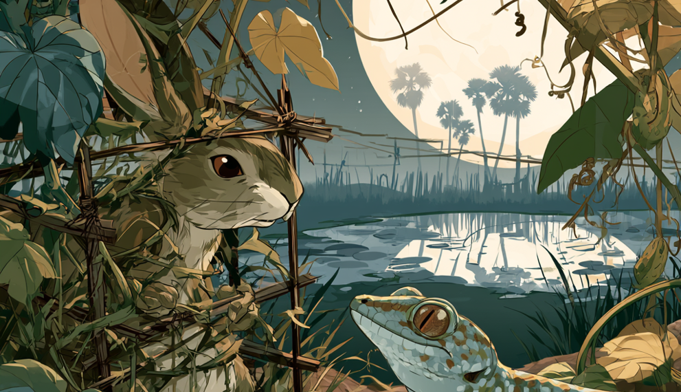 Illustration of a rabbit caught in a simple vine trap in a Cambodian cucumber garden at night, speaking to a gecko beside a reflective pond under a bright full moon