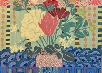 Colorful painting by Tith Veasna showing a floral bouquet in a patterned vase, framed by layered Cambodian textile-style motifs in red, green, and blue, suggesting woven memories and cultural nostalgia.