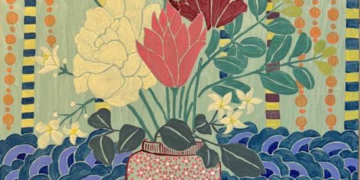 Colorful painting by Tith Veasna showing a floral bouquet in a patterned vase, framed by layered Cambodian textile-style motifs in red, green, and blue, suggesting woven memories and cultural nostalgia.