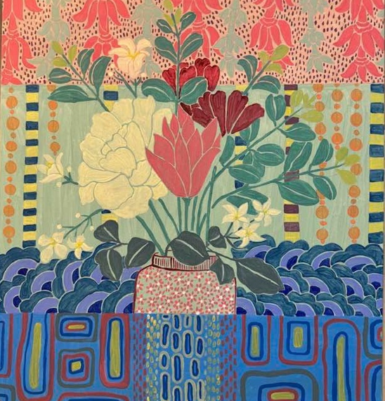 Colorful painting by Tith Veasna showing a floral bouquet in a patterned vase, framed by layered Cambodian textile-style motifs in red, green, and blue, suggesting woven memories and cultural nostalgia.
