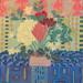 Colorful painting by Tith Veasna showing a floral bouquet in a patterned vase, framed by layered Cambodian textile-style motifs in red, green, and blue, suggesting woven memories and cultural nostalgia.