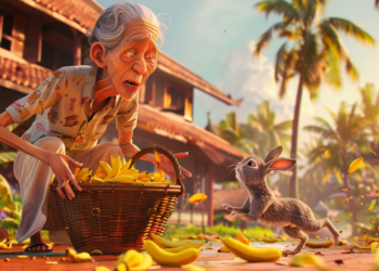 An elderly woman crouches beside a woven basket overflowing with bananas in a sunlit tropical village, while a wide‑eyed rabbit joyfully bounds toward her, banana peels scattered across the ground