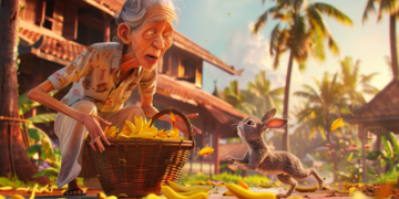 An elderly woman crouches beside a woven basket overflowing with bananas in a sunlit tropical village, while a wide‑eyed rabbit joyfully bounds toward her, banana peels scattered across the ground