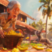 An elderly woman crouches beside a woven basket overflowing with bananas in a sunlit tropical village, while a wide‑eyed rabbit joyfully bounds toward her, banana peels scattered across the ground
