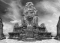 Black‑and‑white panoramic view of Pre Rup’s upper terrace at Angkor, showing the central stepped sandstone prasat flanked by two smaller brick towers under a dramatic cloudy sky.