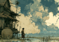 AI‑generated illustration of a traditional Cambodian stilt house beside a large clay water jar, with a lone villager standing in a flooded field under towering storm clouds and distant city skyline
