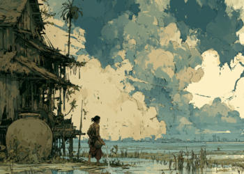 AI‑generated illustration of a traditional Cambodian stilt house beside a large clay water jar, with a lone villager standing in a flooded field under towering storm clouds and distant city skyline