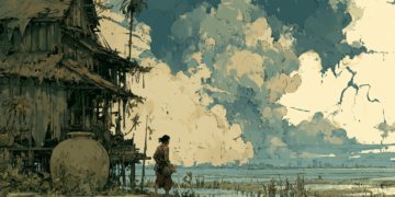 AI‑generated illustration of a traditional Cambodian stilt house beside a large clay water jar, with a lone villager standing in a flooded field under towering storm clouds and distant city skyline