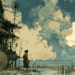 AI‑generated illustration of a traditional Cambodian stilt house beside a large clay water jar, with a lone villager standing in a flooded field under towering storm clouds and distant city skyline
