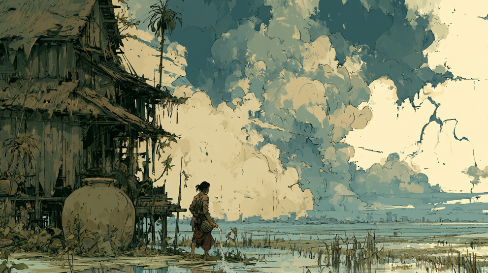 AI‑generated illustration of a traditional Cambodian stilt house beside a large clay water jar, with a lone villager standing in a flooded field under towering storm clouds and distant city skyline
