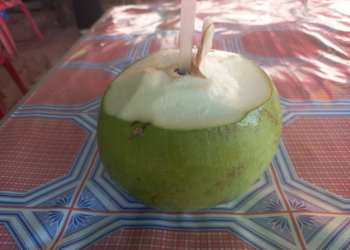 Fresh young green coconut with straw on patterned Khmer table on Phnom Chisor, Cambodia, highlighting affordable one dollar healthy coconut juice street drink.