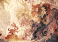 Illustrated scene inspired by a Khmer folktale showing a small rabbit standing on a stump and shouting confidently at a frightened monkey and tiger tied together with vines in a dense Cambodian forest, with temple carvings faintly visible in the background