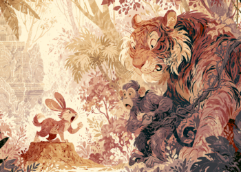 Illustrated scene inspired by a Khmer folktale showing a small rabbit standing on a stump and shouting confidently at a frightened monkey and tiger tied together with vines in a dense Cambodian forest, with temple carvings faintly visible in the background