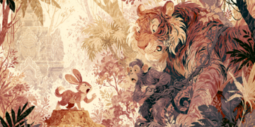 Illustrated scene inspired by a Khmer folktale showing a small rabbit standing on a stump and shouting confidently at a frightened monkey and tiger tied together with vines in a dense Cambodian forest, with temple carvings faintly visible in the background