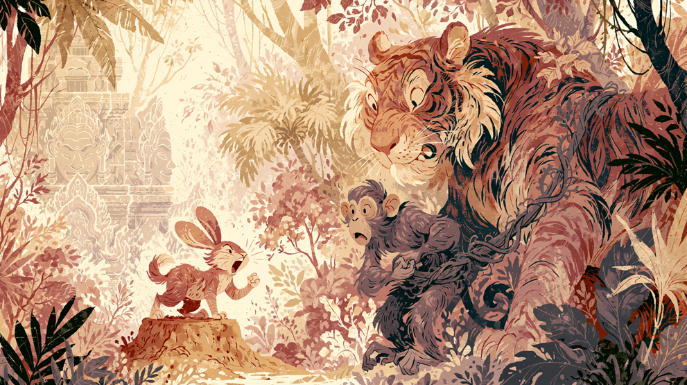 Illustrated scene inspired by a Khmer folktale showing a small rabbit standing on a stump and shouting confidently at a frightened monkey and tiger tied together with vines in a dense Cambodian forest, with temple carvings faintly visible in the background