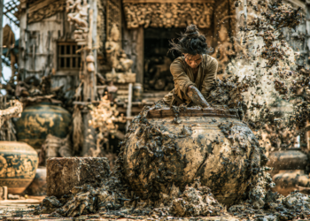 AI‑generated scene of a person forcefully mixing fermented fish paste in a huge clay jar, splashes flying, in front of an ornate, weathered Cambodian village structure