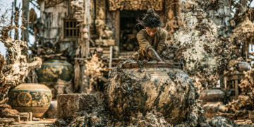AI‑generated scene of a person forcefully mixing fermented fish paste in a huge clay jar, splashes flying, in front of an ornate, weathered Cambodian village structure