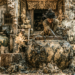 AI‑generated scene of a person forcefully mixing fermented fish paste in a huge clay jar, splashes flying, in front of an ornate, weathered Cambodian village structure