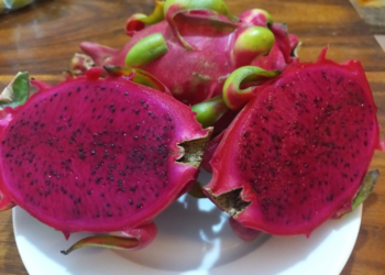 Two halves of a ripe red-fleshed dragon fruit on a white plate, showing vibrant magenta flesh dotted with tiny black seeds, with whole dragon fruits in the background.